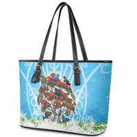 New Zealand Birds Christmas Leather Tote Bag Pohutukawa Xmas Tree