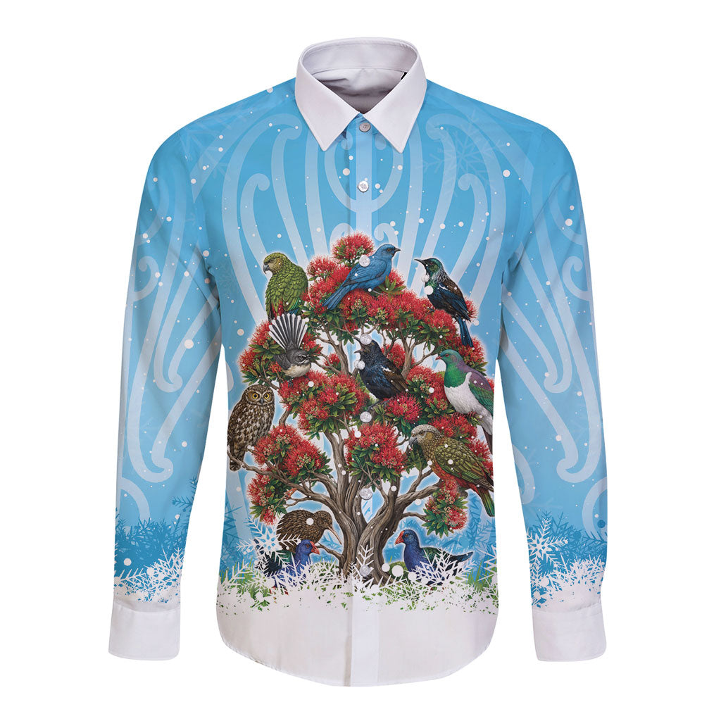 New Zealand Birds Christmas Long Sleeve Button Shirt Pohutukawa Xmas Tree