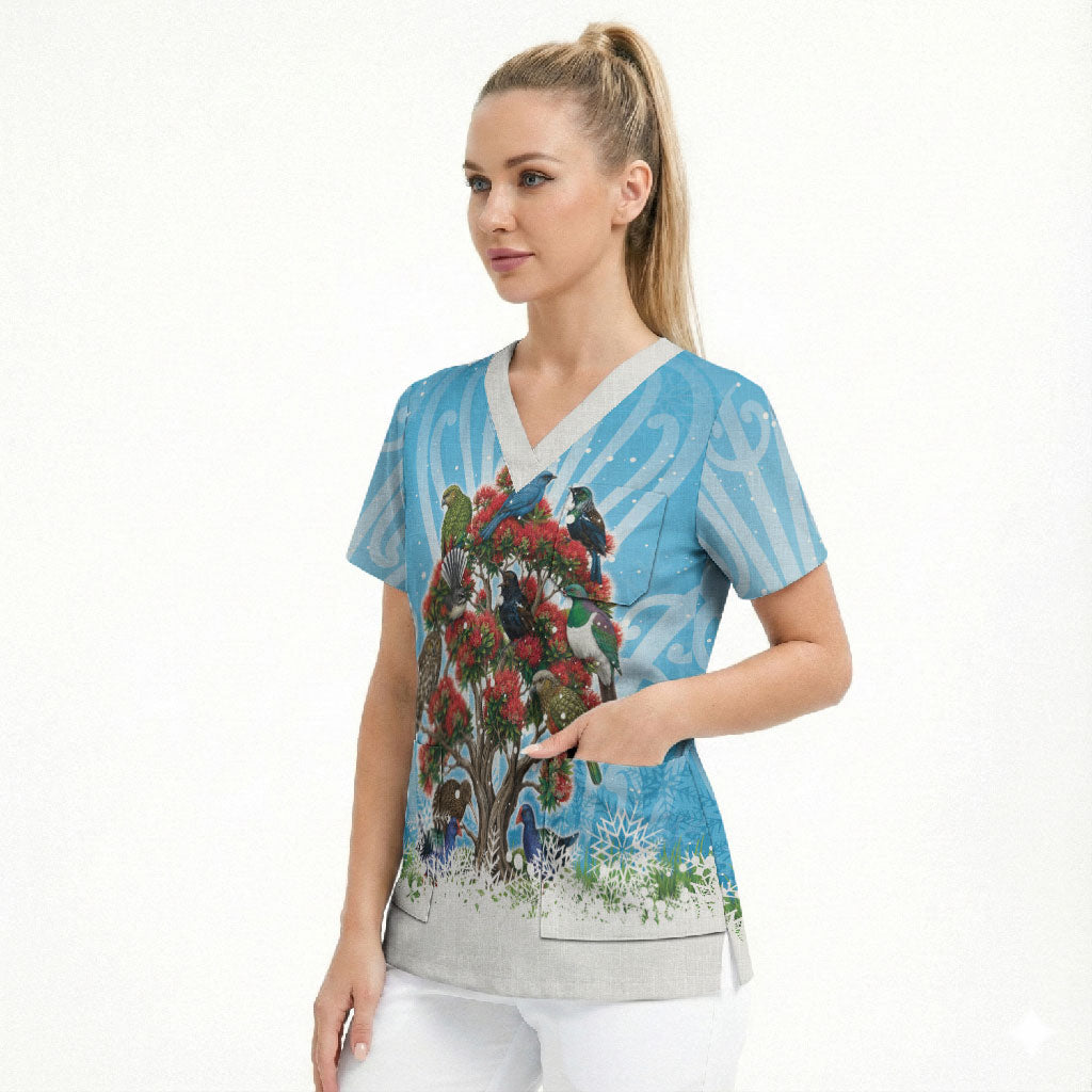 New Zealand Birds Christmas Scrub Top Pohutukawa Xmas Tree
