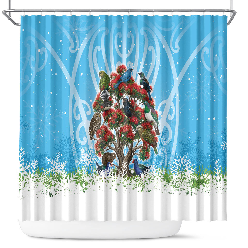 New Zealand Birds Christmas Shower Curtain Pohutukawa Xmas Tree