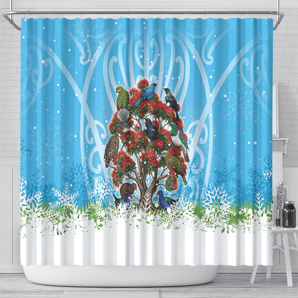 New Zealand Birds Christmas Shower Curtain Pohutukawa Xmas Tree