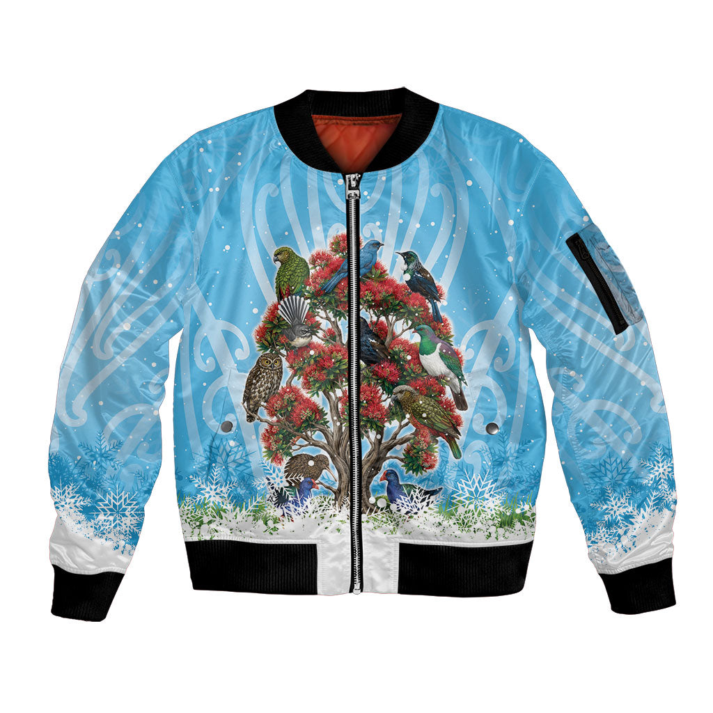 New Zealand Birds Christmas Sleeve Zip Bomber Jacket Pohutukawa Xmas Tree