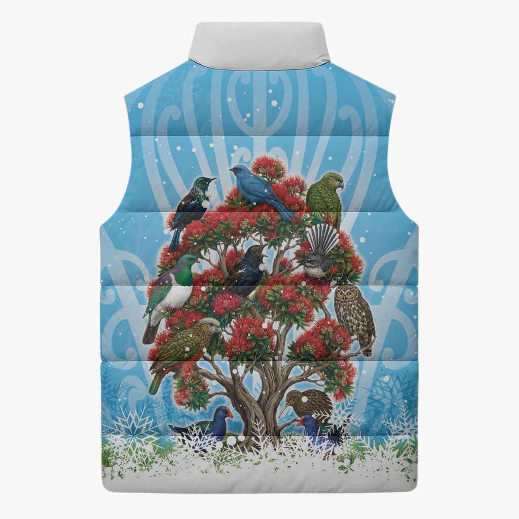 New Zealand Birds Christmas Sleeveless Puffer Jacket Pohutukawa Xmas Tree