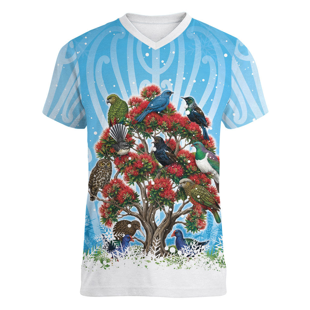 New Zealand Birds Christmas Women V-Neck T-Shirt Pohutukawa Xmas Tree