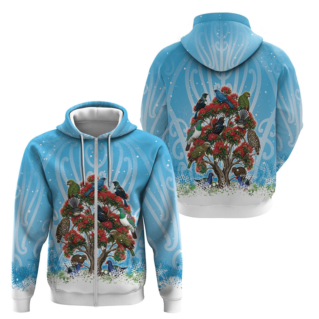 New Zealand Birds Christmas Zip Hoodie Pohutukawa Xmas Tree