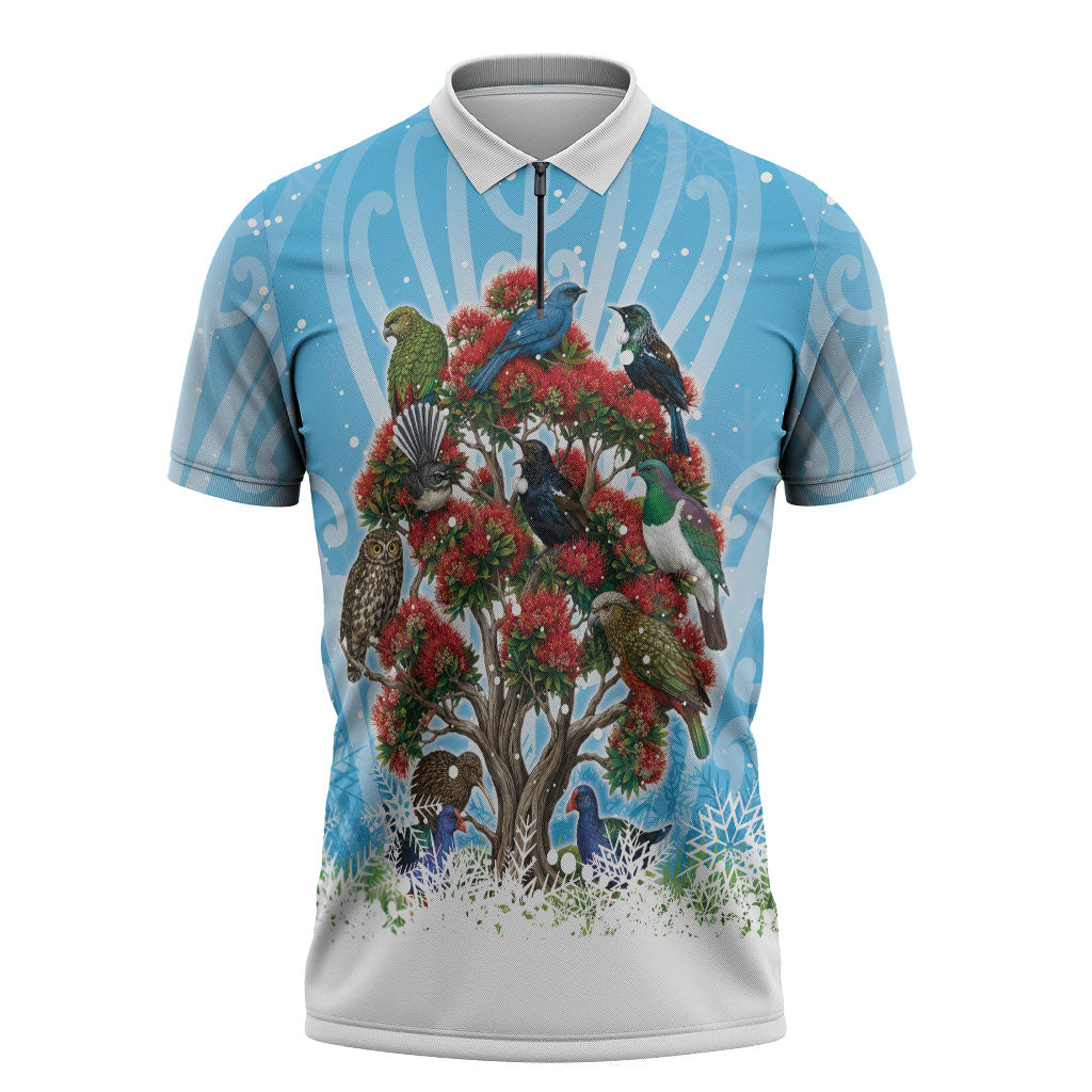 New Zealand Birds Christmas Zipper Polo Shirt Pohutukawa Xmas Tree