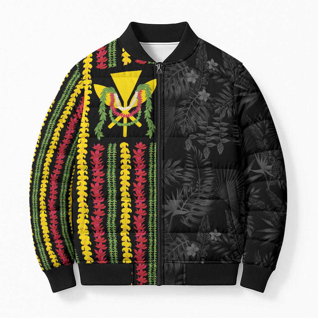 Hawaii Lei Kanaka Maoli Flag Bomber Puffer Jacket Tropical Vibes LT05 Unisex Black - Polynesian Pride