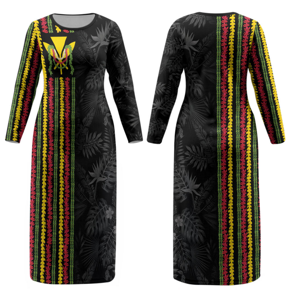 Hawaii Lei Kanaka Maoli Flag Couples Matching Long Sleeve Bodycon Dress and Long Sleeve Button Shirt Tropical Vibes