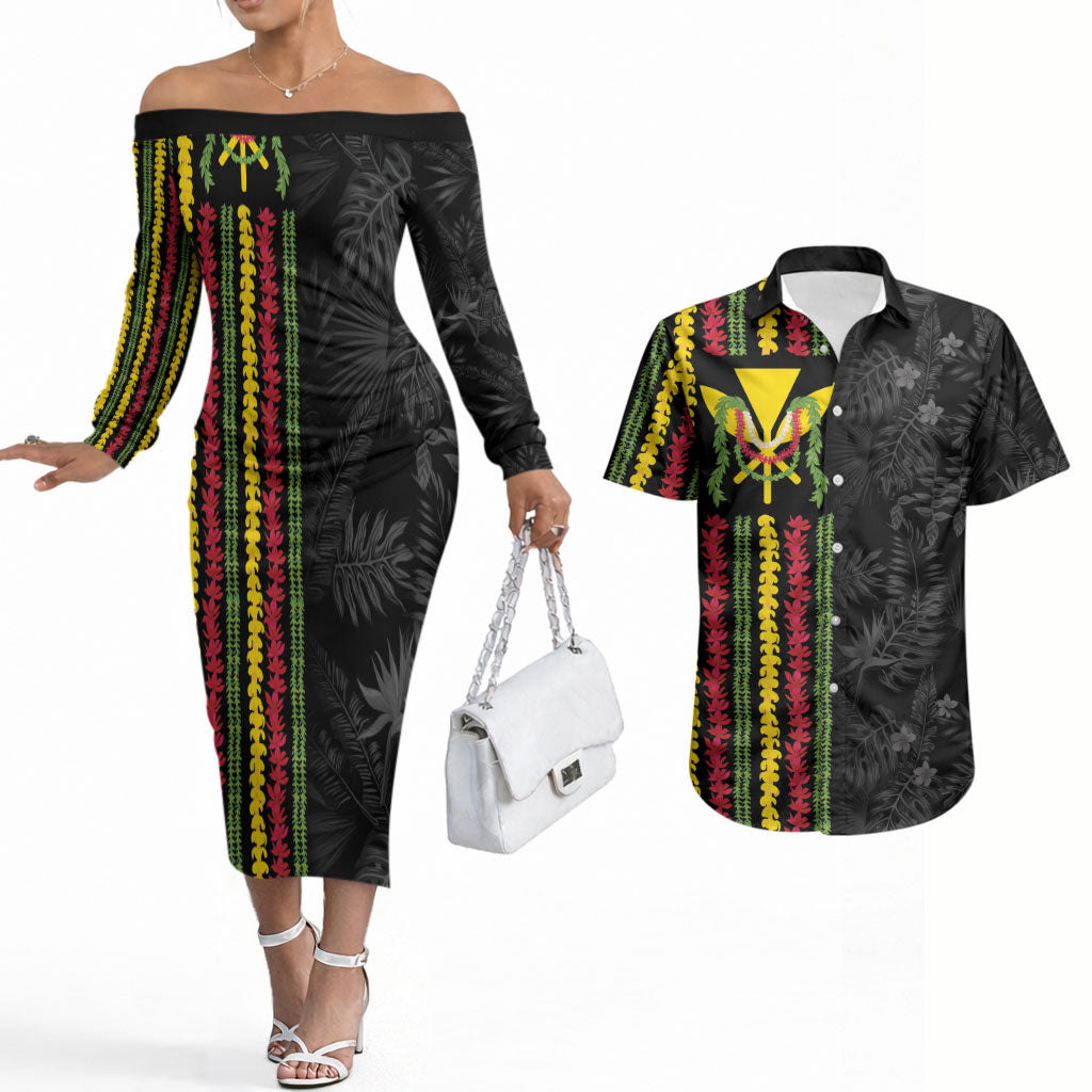 Hawaii Lei Kanaka Maoli Flag Couples Matching Off The Shoulder Long Sleeve Dress and Hawaiian Shirt Tropical Vibes