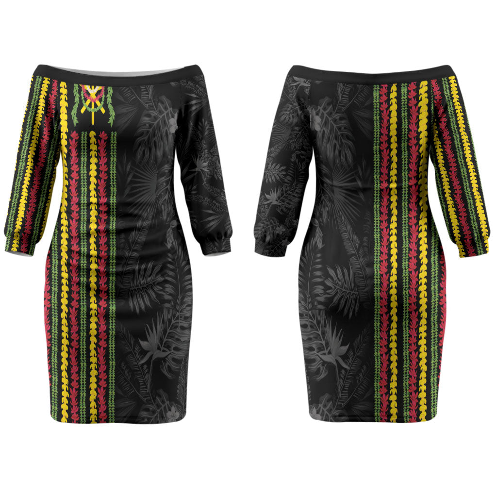 Hawaii Lei Kanaka Maoli Flag Couples Matching Off The Shoulder Long Sleeve Dress and Long Sleeve Button Shirt Tropical Vibes