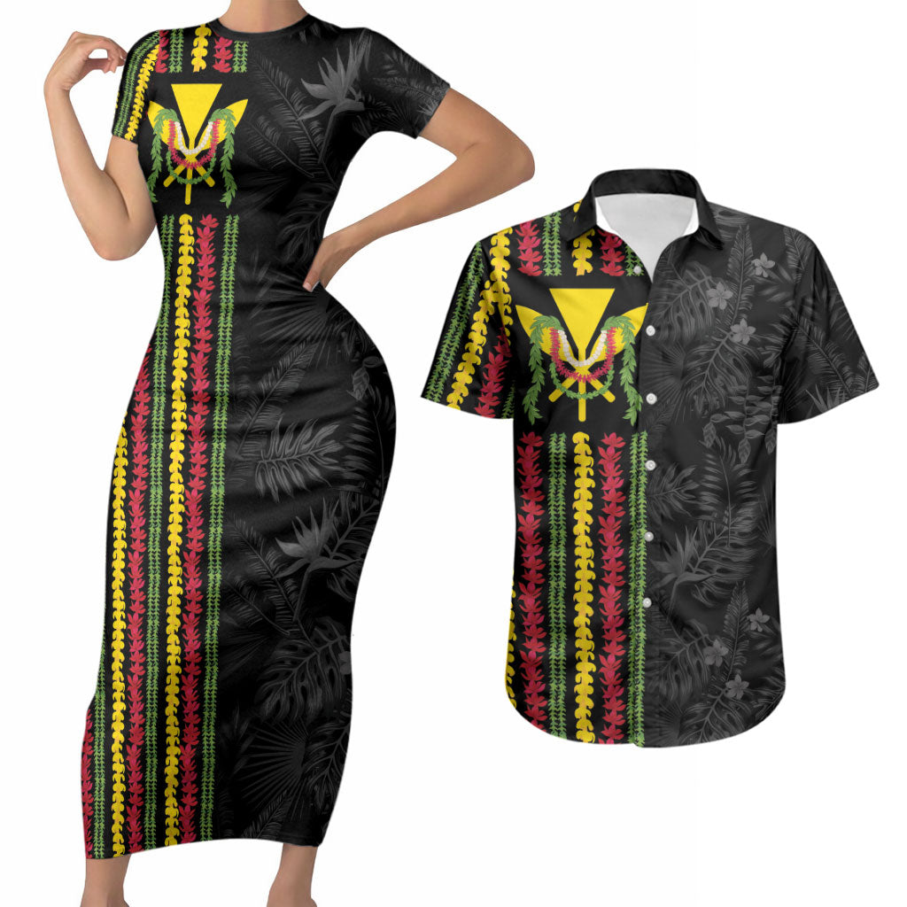 Hawaii Lei Kanaka Maoli Flag Couples Matching Short Sleeve Bodycon Dress and Hawaiian Shirt Tropical Vibes LT05 Black - Polynesian Pride