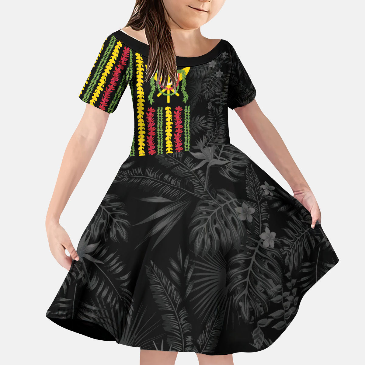 Hawaii Lei Kanaka Maoli Flag Kid Short Sleeve Dress Tropical Vibes