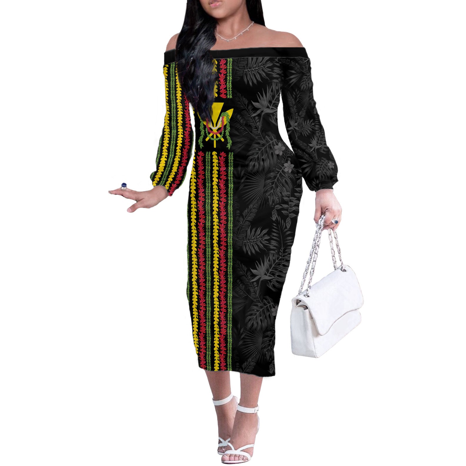 Hawaii Lei Kanaka Maoli Flag Off The Shoulder Long Sleeve Dress Tropical Vibes LT05 Women Black - Polynesian Pride