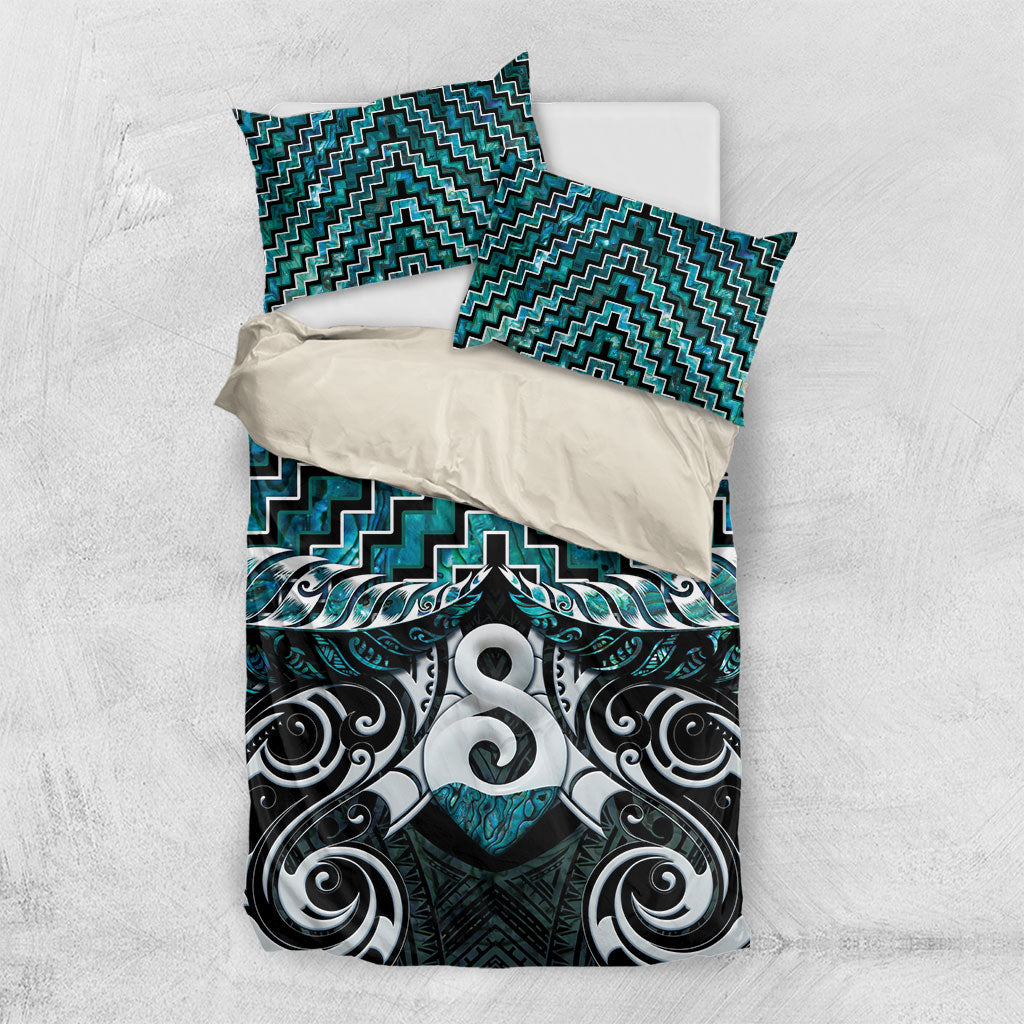 New Zealand Maori Bedding Set Poutama Pikorua - Single Twist Paua Shell LT05 US Twin 172cm x 218cm Turquoise - Polynesian Pride