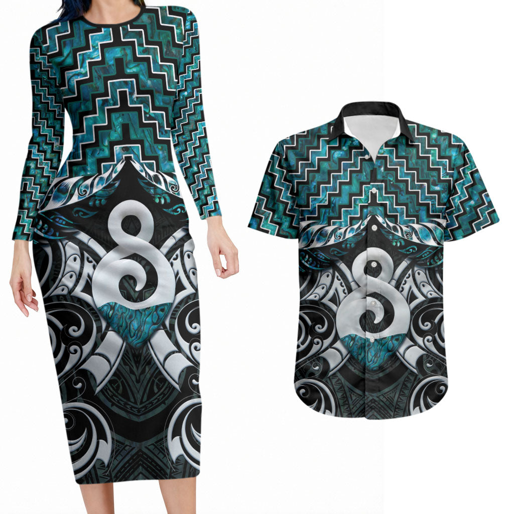 New Zealand Maori Couples Matching Long Sleeve Bodycon Dress and Hawaiian Shirt Poutama Pikorua - Single Twist Paua Shell LT05 Turquoise - Polynesian Pride