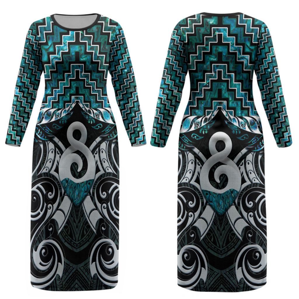 New Zealand Maori Couples Matching Long Sleeve Bodycon Dress and Hawaiian Shirt Poutama Pikorua - Single Twist Paua Shell LT05 - Polynesian Pride