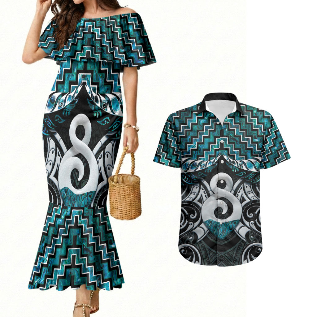 New Zealand Maori Couples Matching Mermaid Dress and Hawaiian Shirt Poutama Pikorua - Single Twist Paua Shell LT05 Turquoise - Polynesian Pride