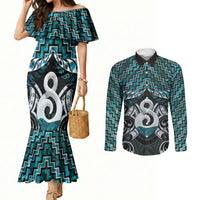 New Zealand Maori Couples Matching Mermaid Dress and Long Sleeve Button Shirt Poutama Pikorua - Single Twist Paua Shell LT05 Turquoise - Polynesian Pride
