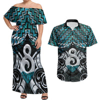 New Zealand Maori Couples Matching Off Shoulder Maxi Dress and Hawaiian Shirt Poutama Pikorua - Single Twist Paua Shell LT05 Turquoise - Polynesian Pride