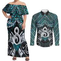New Zealand Maori Couples Matching Off Shoulder Maxi Dress and Long Sleeve Button Shirt Poutama Pikorua - Single Twist Paua Shell LT05 Turquoise - Polynesian Pride
