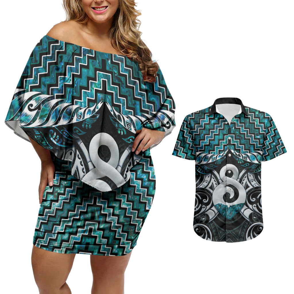 New Zealand Maori Couples Matching Off Shoulder Short Dress and Hawaiian Shirt Poutama Pikorua - Single Twist Paua Shell LT05 Turquoise - Polynesian Pride