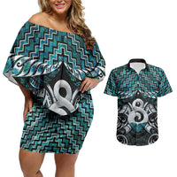 New Zealand Maori Couples Matching Off Shoulder Short Dress and Hawaiian Shirt Poutama Pikorua - Single Twist Paua Shell LT05 Turquoise - Polynesian Pride
