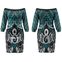 New Zealand Maori Couples Matching Off The Shoulder Long Sleeve Dress and Hawaiian Shirt Poutama Pikorua - Single Twist Paua Shell LT05 - Polynesian Pride