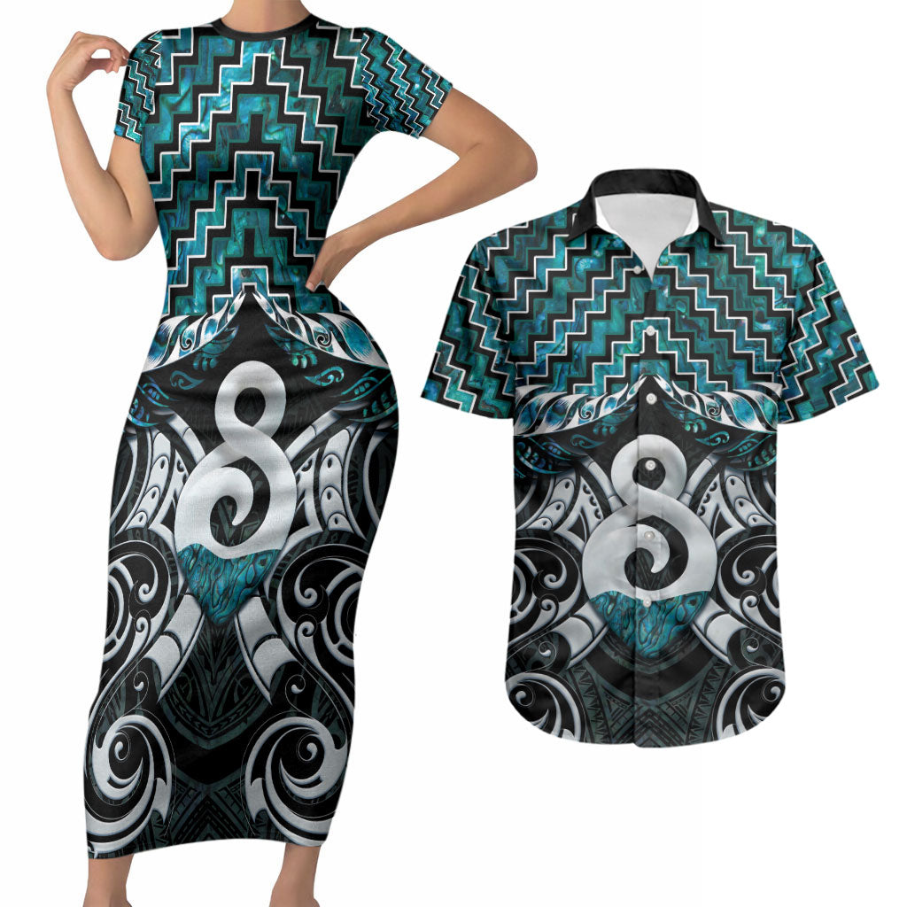 New Zealand Maori Couples Matching Short Sleeve Bodycon Dress and Hawaiian Shirt Poutama Pikorua - Single Twist Paua Shell LT05 Turquoise - Polynesian Pride