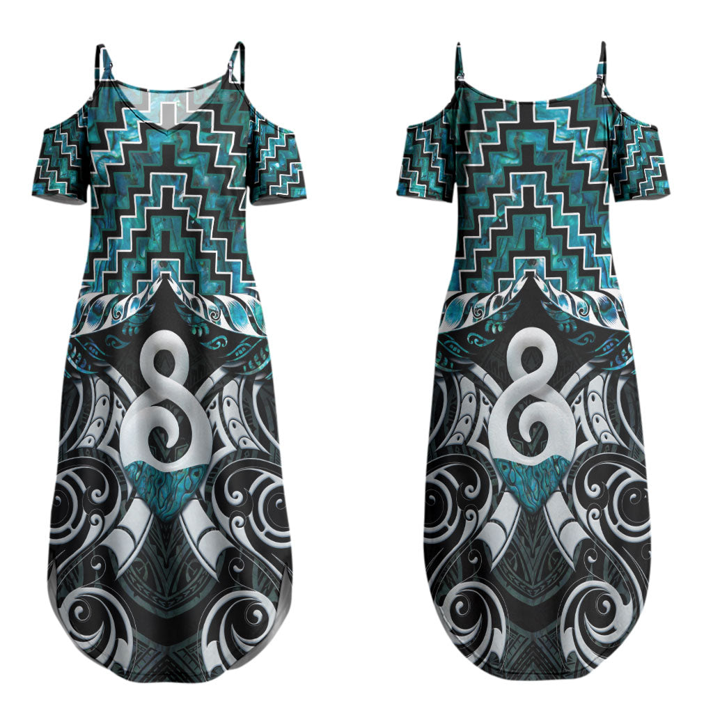 New Zealand Maori Couples Matching Summer Maxi Dress and Hawaiian Shirt Poutama Pikorua - Single Twist Paua Shell LT05 - Polynesian Pride