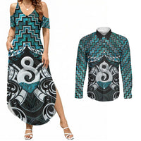 New Zealand Maori Couples Matching Summer Maxi Dress and Long Sleeve Button Shirt Poutama Pikorua - Single Twist Paua Shell LT05 Turquoise - Polynesian Pride