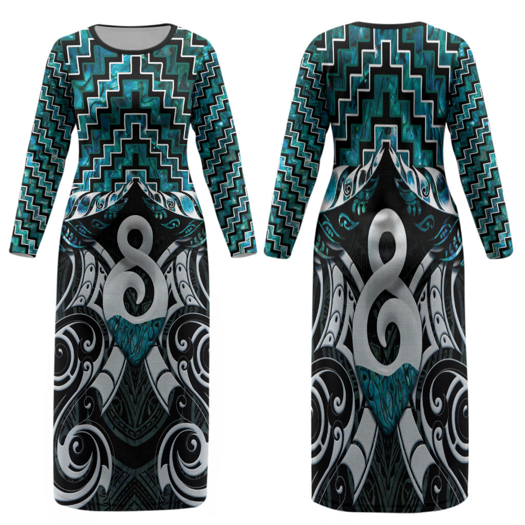 New Zealand Maori Family Matching Long Sleeve Bodycon Dress and Hawaiian Shirt Poutama Pikorua - Single Twist Paua Shell LT05 Mom's Dress Turquoise - Polynesian Pride