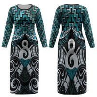 New Zealand Maori Family Matching Long Sleeve Bodycon Dress and Hawaiian Shirt Poutama Pikorua - Single Twist Paua Shell LT05 Mom's Dress Turquoise - Polynesian Pride