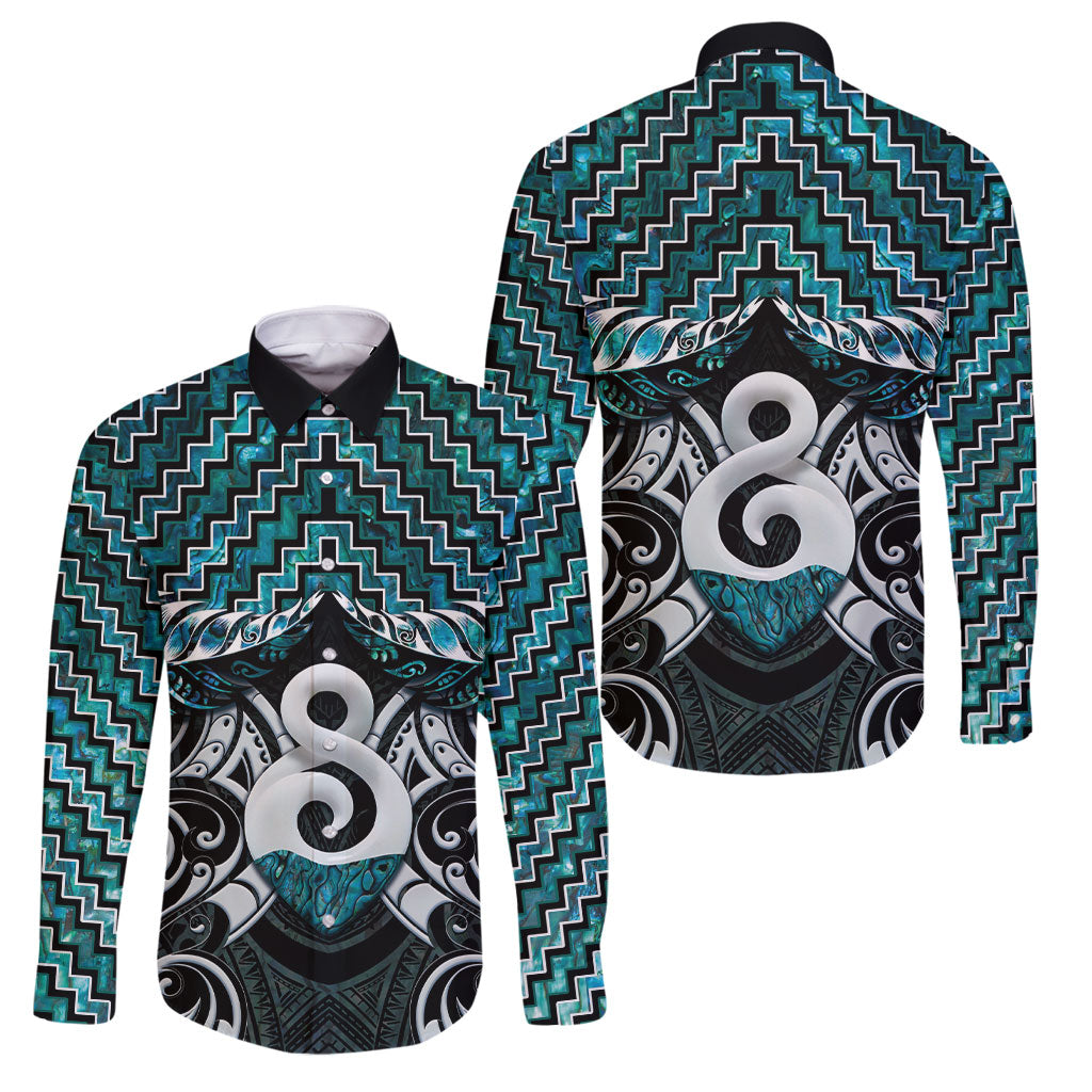 New Zealand Maori Family Matching Long Sleeve Bodycon Dress and Hawaiian Shirt Poutama Pikorua - Single Twist Paua Shell LT05 Dad's Shirt - Long Sleeve Turquoise - Polynesian Pride