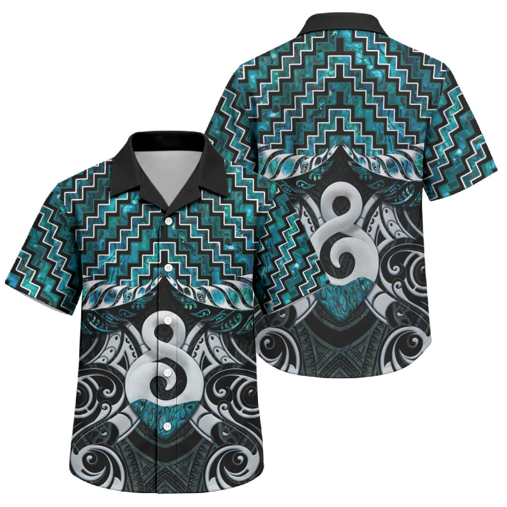 New Zealand Maori Family Matching Long Sleeve Bodycon Dress and Hawaiian Shirt Poutama Pikorua - Single Twist Paua Shell LT05 Son's Shirt Turquoise - Polynesian Pride