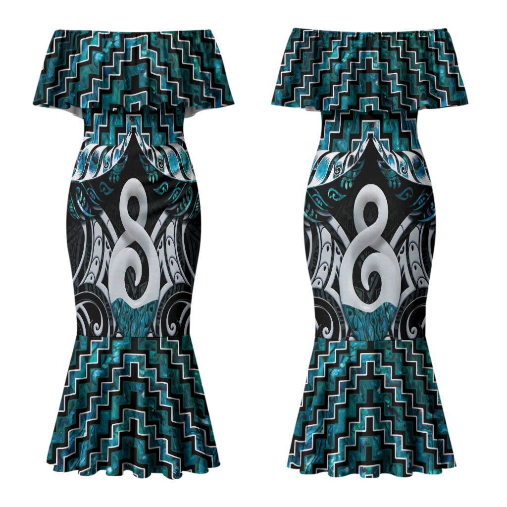 New Zealand Maori Family Matching Mermaid Dress and Hawaiian Shirt Poutama Pikorua - Single Twist Paua Shell LT05 Mom's Dress Turquoise - Polynesian Pride