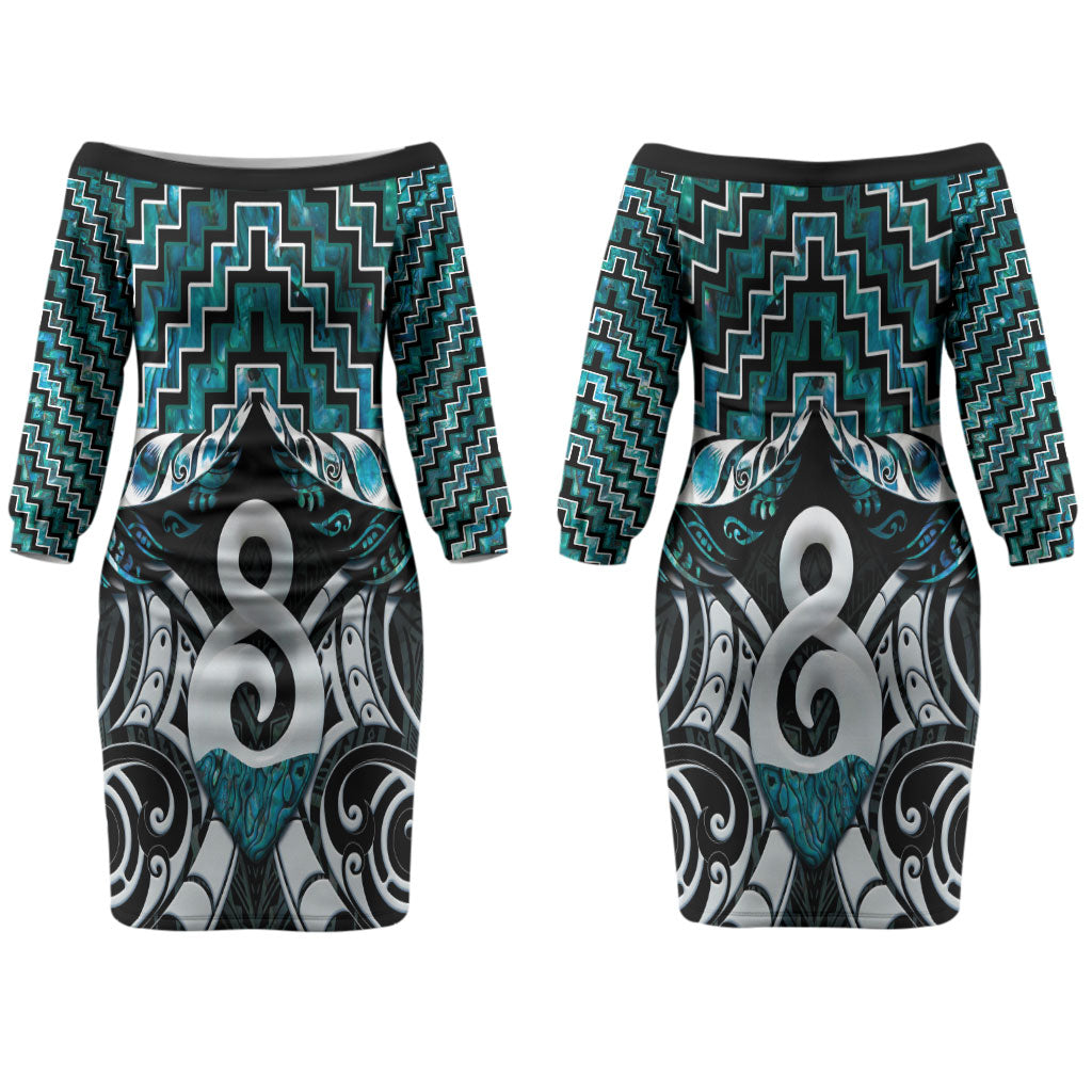 New Zealand Maori Family Matching Off The Shoulder Long Sleeve Dress and Hawaiian Shirt Poutama Pikorua - Single Twist Paua Shell LT05 Mom's Dress Turquoise - Polynesian Pride