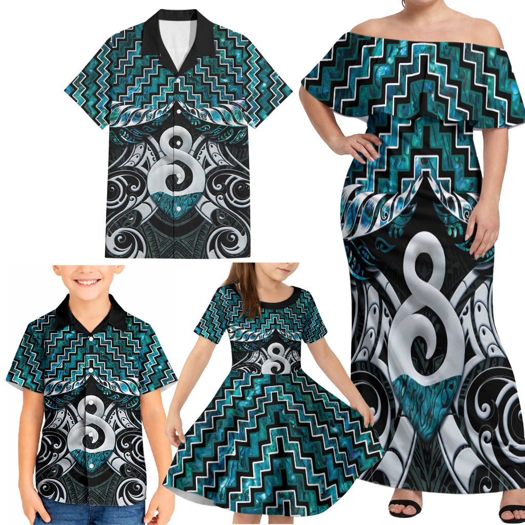 New Zealand Maori Family Matching Off Shoulder Maxi Dress and Hawaiian Shirt Poutama Pikorua - Single Twist Paua Shell LT05 - Polynesian Pride