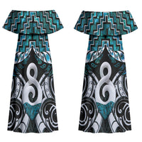New Zealand Maori Family Matching Off Shoulder Maxi Dress and Hawaiian Shirt Poutama Pikorua - Single Twist Paua Shell LT05 Mom's Dress Turquoise - Polynesian Pride