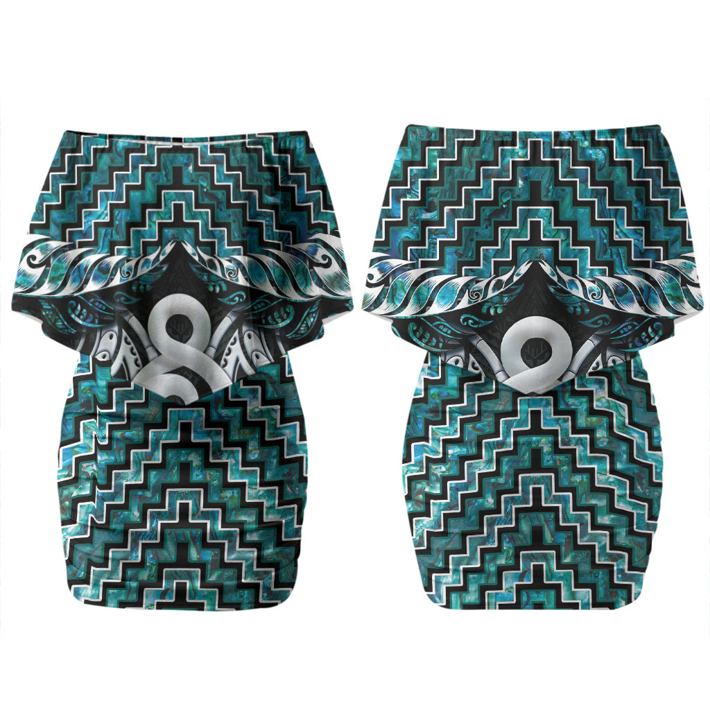 New Zealand Maori Family Matching Off Shoulder Short Dress and Hawaiian Shirt Poutama Pikorua - Single Twist Paua Shell LT05 Mom's Dress Turquoise - Polynesian Pride
