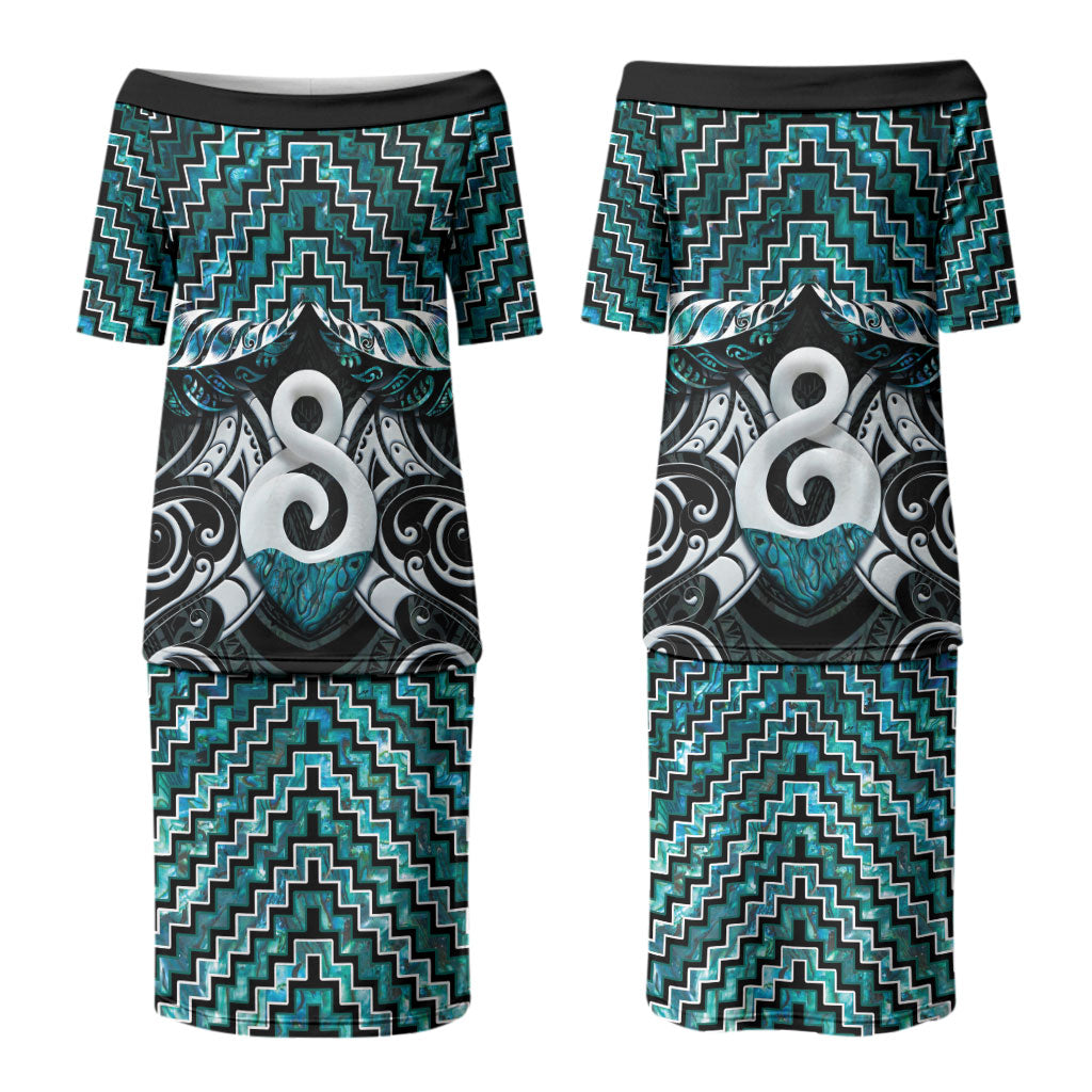 New Zealand Maori Family Matching Puletasi and Hawaiian Shirt Poutama Pikorua - Single Twist Paua Shell LT05 Mom's Dress Turquoise - Polynesian Pride