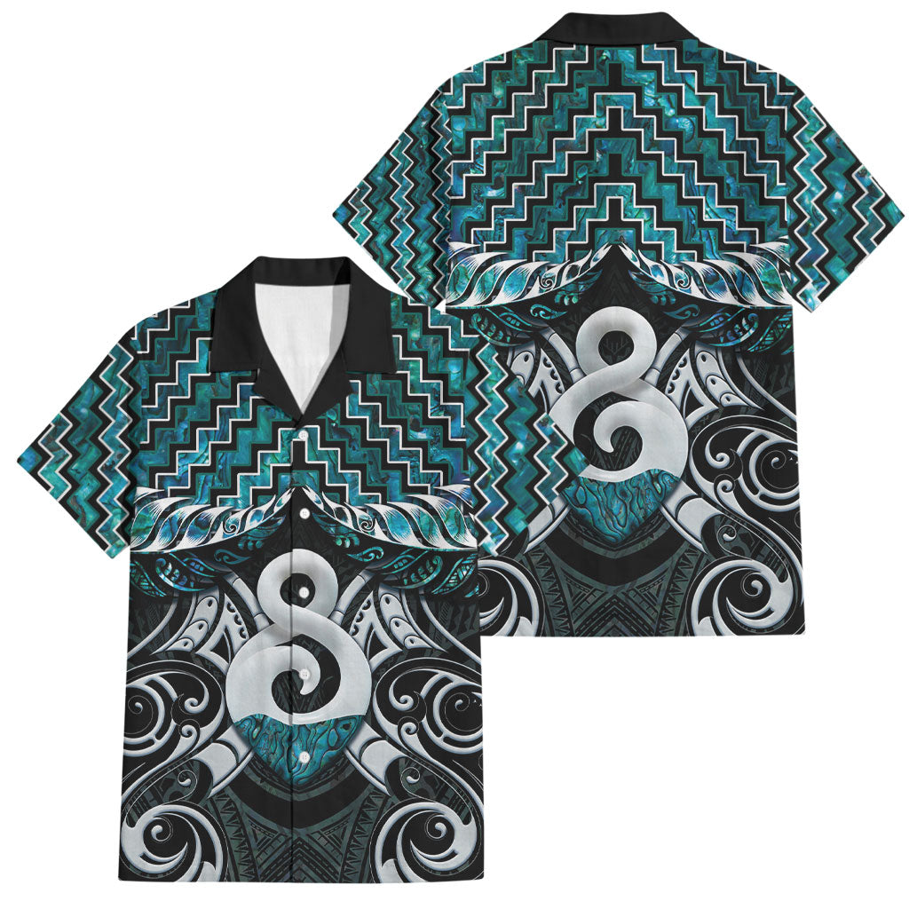 New Zealand Maori Family Matching Puletasi and Hawaiian Shirt Poutama Pikorua - Single Twist Paua Shell LT05 Dad's Shirt - Short Sleeve Turquoise - Polynesian Pride