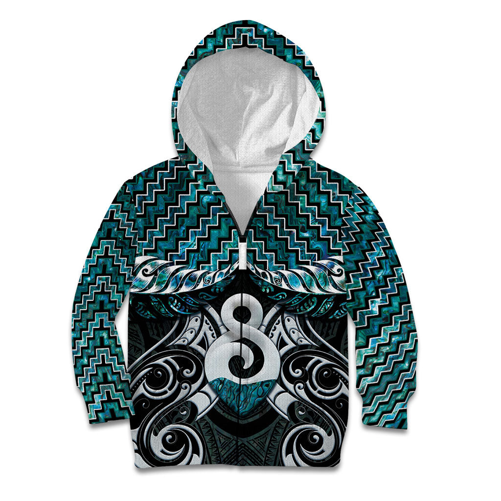 New Zealand Maori Kid Hoodie Poutama Pikorua - Single Twist Paua Shell LT05 Zip Hoodie Turquoise - Polynesian Pride