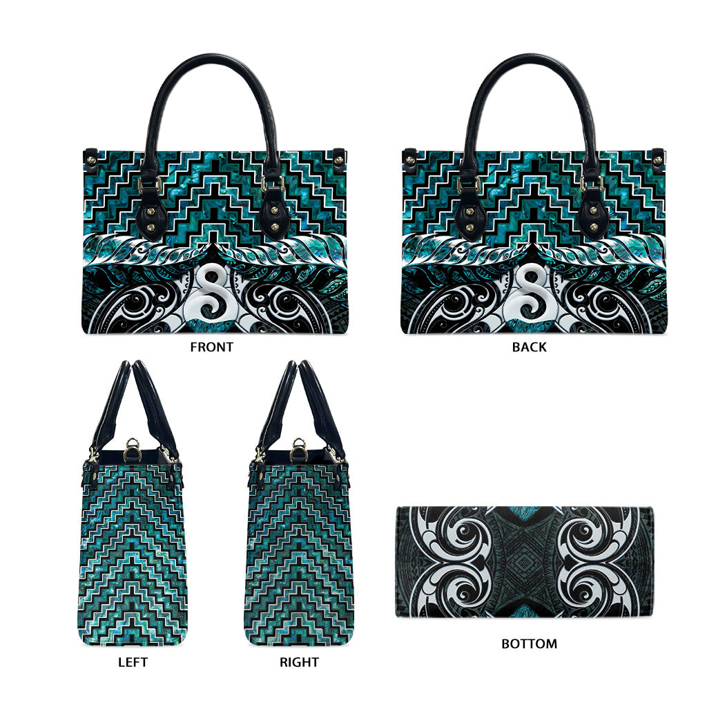 New Zealand Maori Leather Bag Poutama Pikorua - Single Twist Paua Shell LT05 - Polynesian Pride