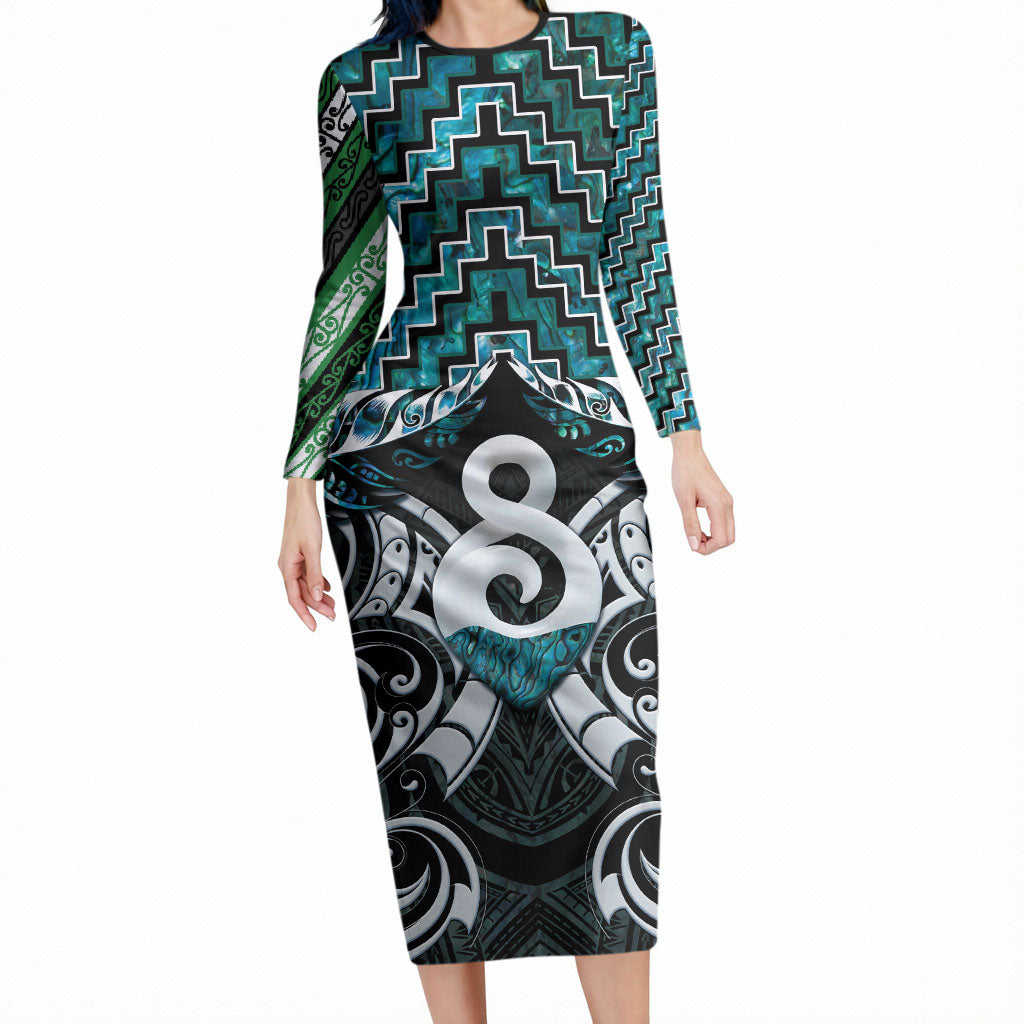 New Zealand Maori Long Sleeve Bodycon Dress Poutama Pikorua - Single Twist Paua Shell LT05 Long Dress Turquoise - Polynesian Pride