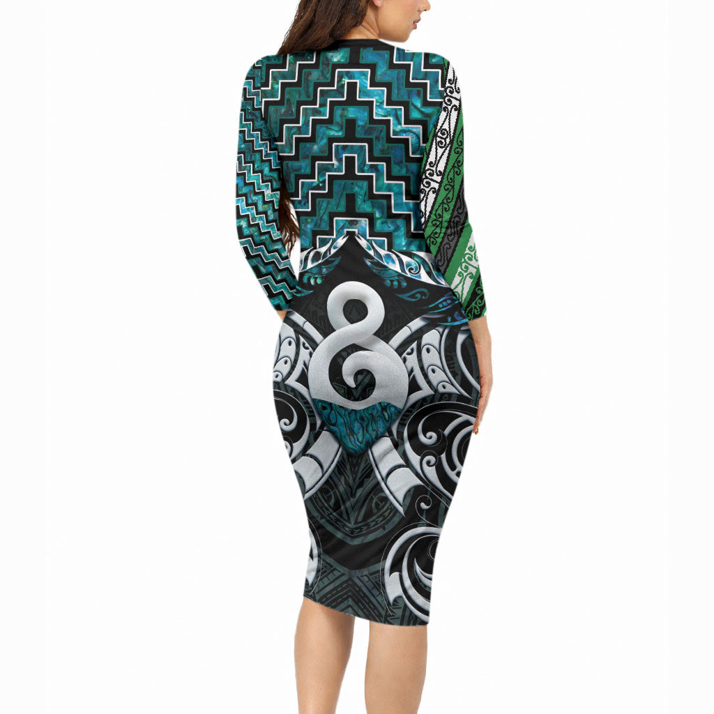 New Zealand Maori Long Sleeve Bodycon Dress Poutama Pikorua - Single Twist Paua Shell LT05 - Polynesian Pride