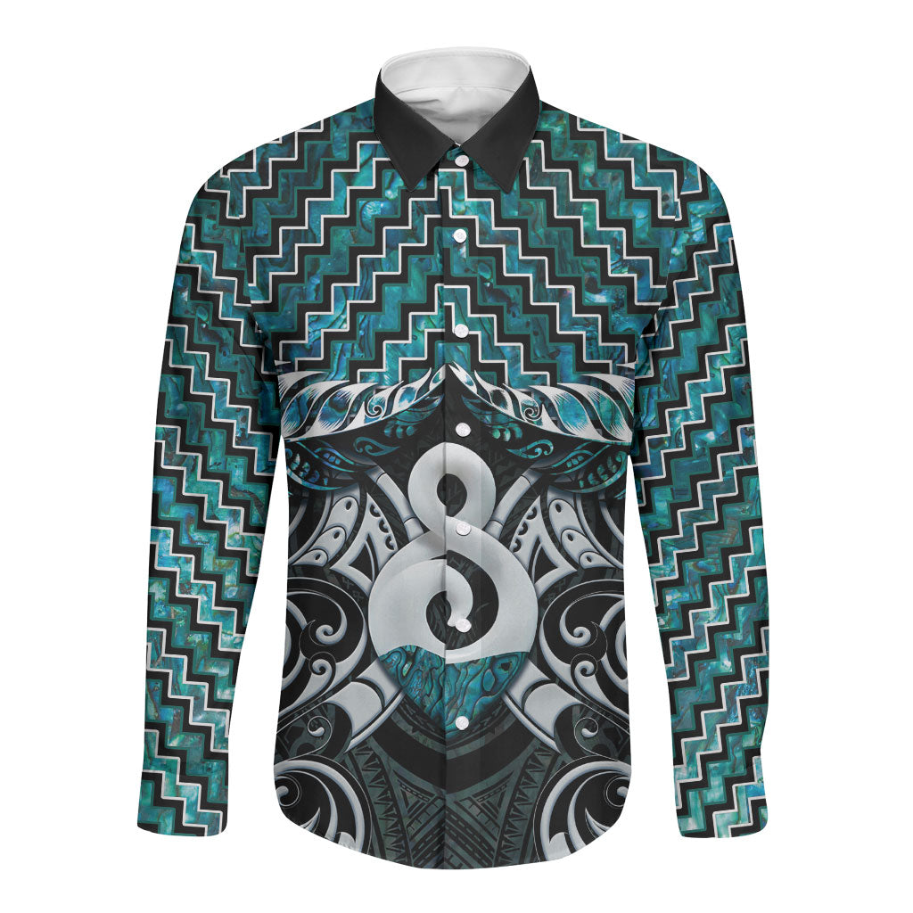 New Zealand Maori Long Sleeve Button Shirt Poutama Pikorua - Single Twist Paua Shell LT05 Unisex Turquoise - Polynesian Pride