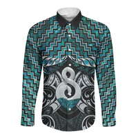 New Zealand Maori Long Sleeve Button Shirt Poutama Pikorua - Single Twist Paua Shell LT05 Unisex Turquoise - Polynesian Pride
