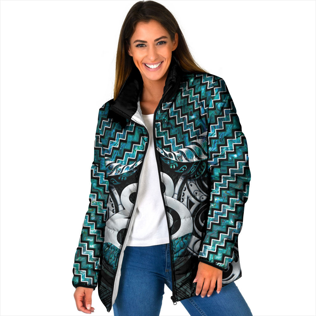 New Zealand Maori Padded Jacket Poutama Pikorua - Single Twist Paua Shell LT05 Women Turquoise - Polynesian Pride
