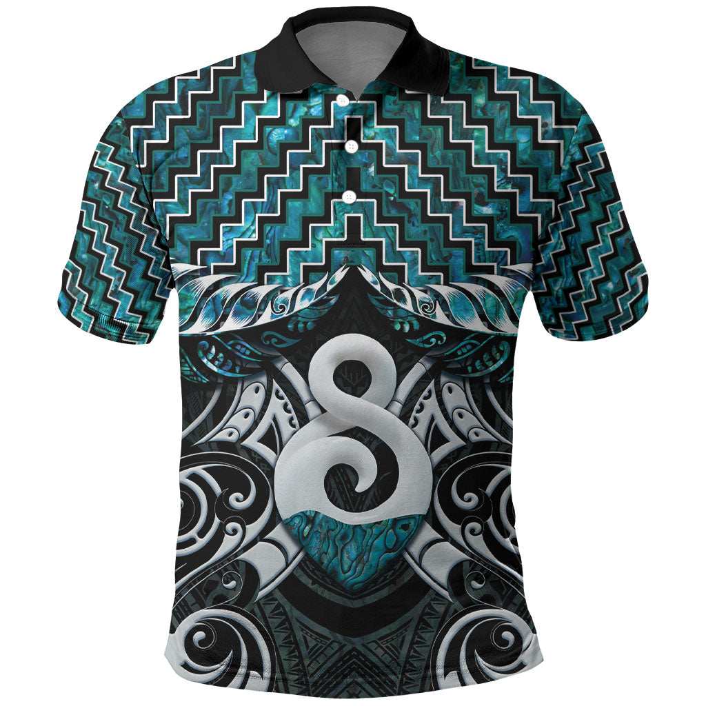 New Zealand Maori Polo Shirt Poutama Pikorua - Single Twist Paua Shell LT05 Turquoise - Polynesian Pride