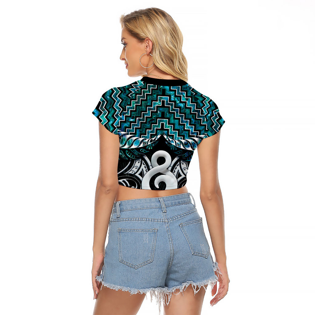 New Zealand Maori Raglan Cropped T Shirt Poutama Pikorua - Single Twist Paua Shell LT05 - Polynesian Pride
